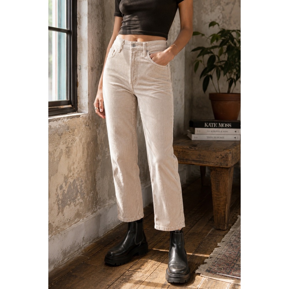 Levis Premium Ribcage Straight Ankle Corduroy High Rise‎ Pebble Cement Pants 25